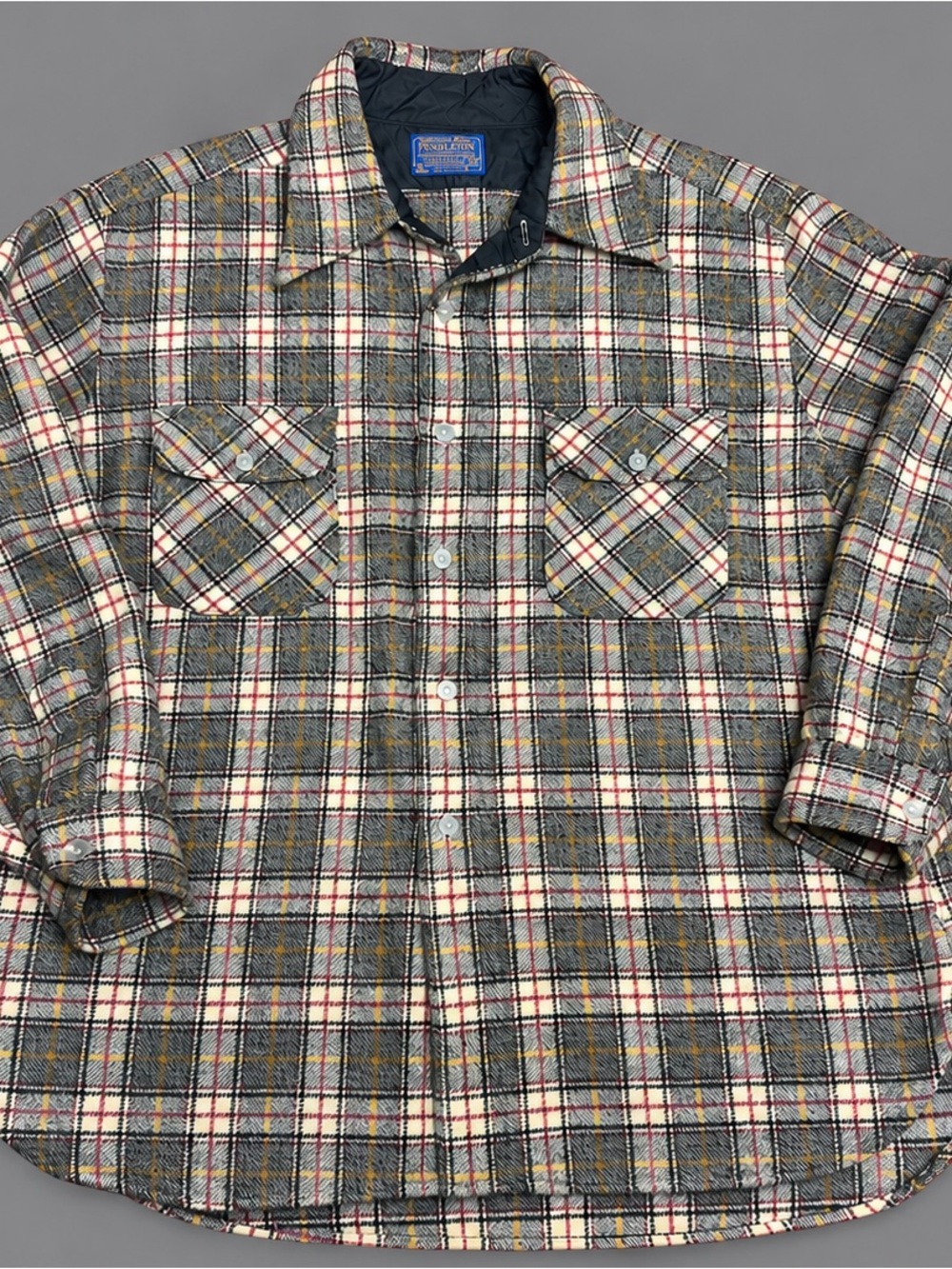 Pendleton Plaid Button-Down Shirt Jacket in Gray, Cream & Red Accents